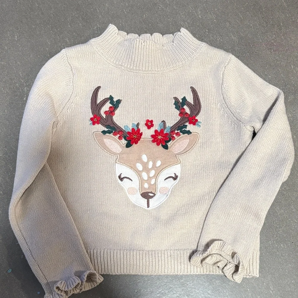 Festive Toddler Deer Sweater and Red Plaid Skirt Set Size 5T